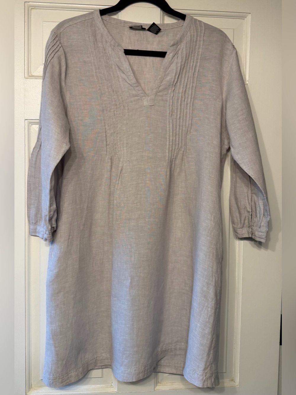 Tahari Tan Chambray Linen Dress with V-Neck